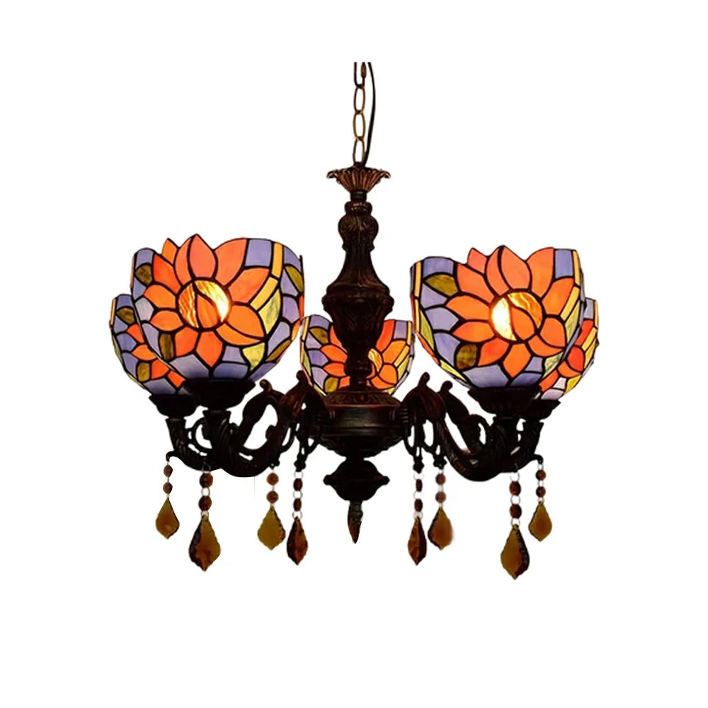 LIVARA 5-Light Stained Glass Chandelier Vintage Pendant Light Adjustable Chain 60x80cm Blue Sunflower Pattern Design for Dining Living Room
