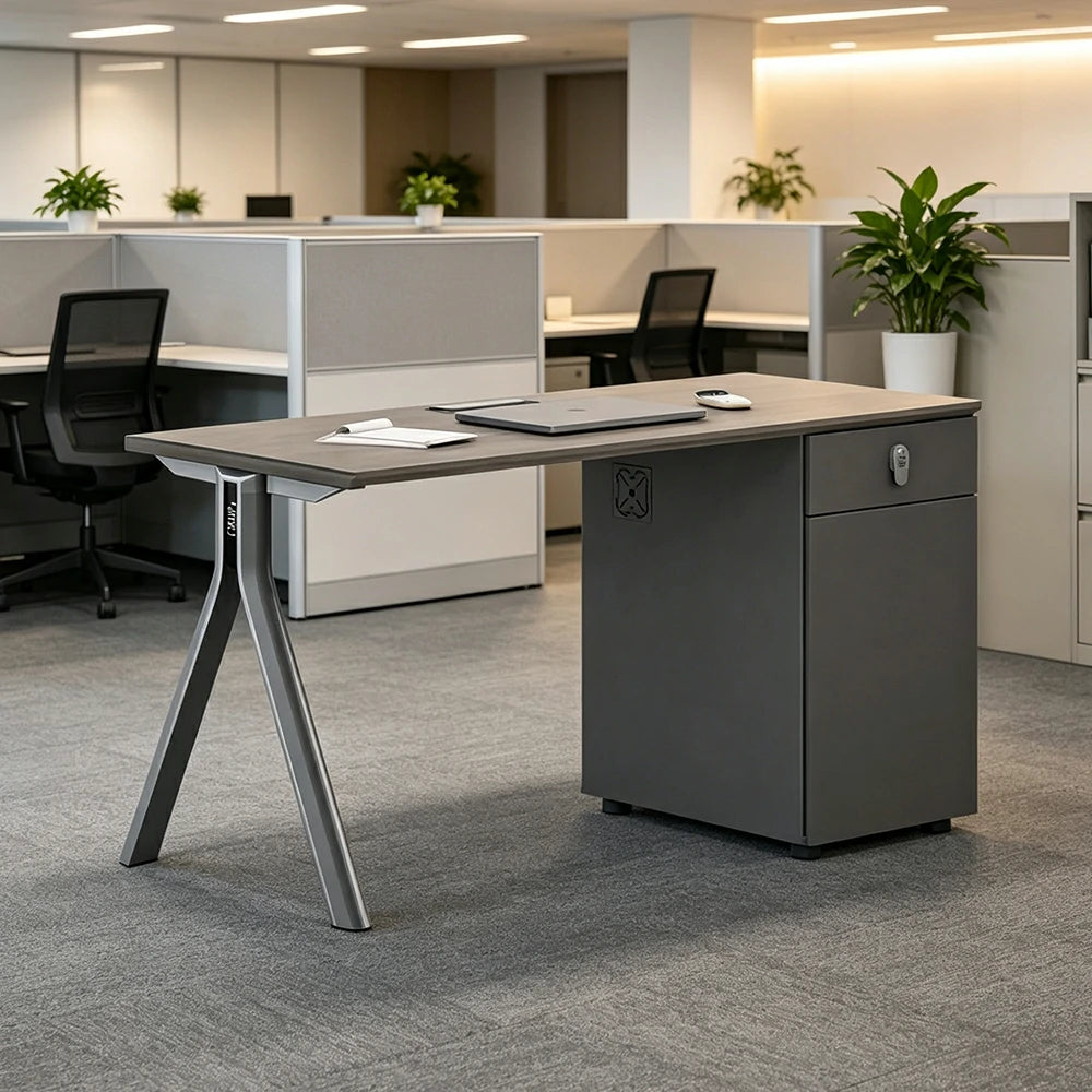 LIVARA 120/140cm Single Person Office Desk with Lockable Cabinet, Desktop Power Access & Open CPU Space - Grey & Walnut