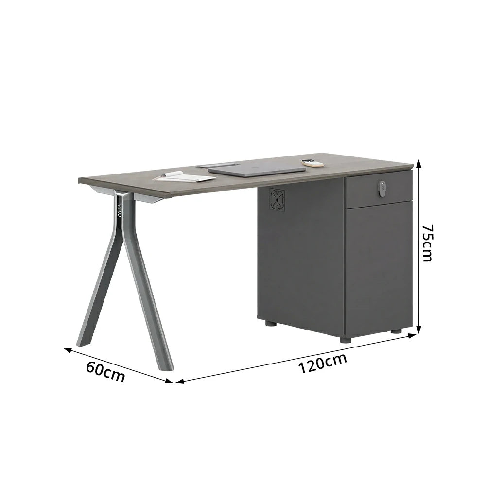 LIVARA 120/140cm Single Person Office Desk with Lockable Cabinet, Desktop Power Access & Open CPU Space - Grey & Walnut