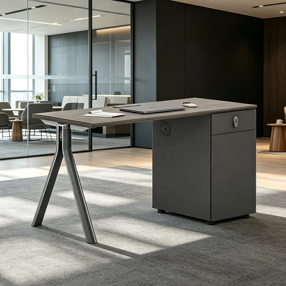 LIVARA 120/140cm Single Person Office Desk with Lockable Cabinet, Desktop Power Access & Open CPU Space - Grey & Walnut