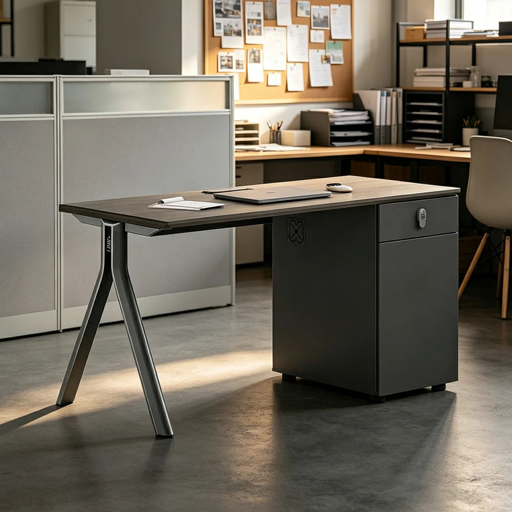 LIVARA 120/140cm Single Person Office Desk with Lockable Cabinet, Desktop Power Access & Open CPU Space - Grey & Walnut