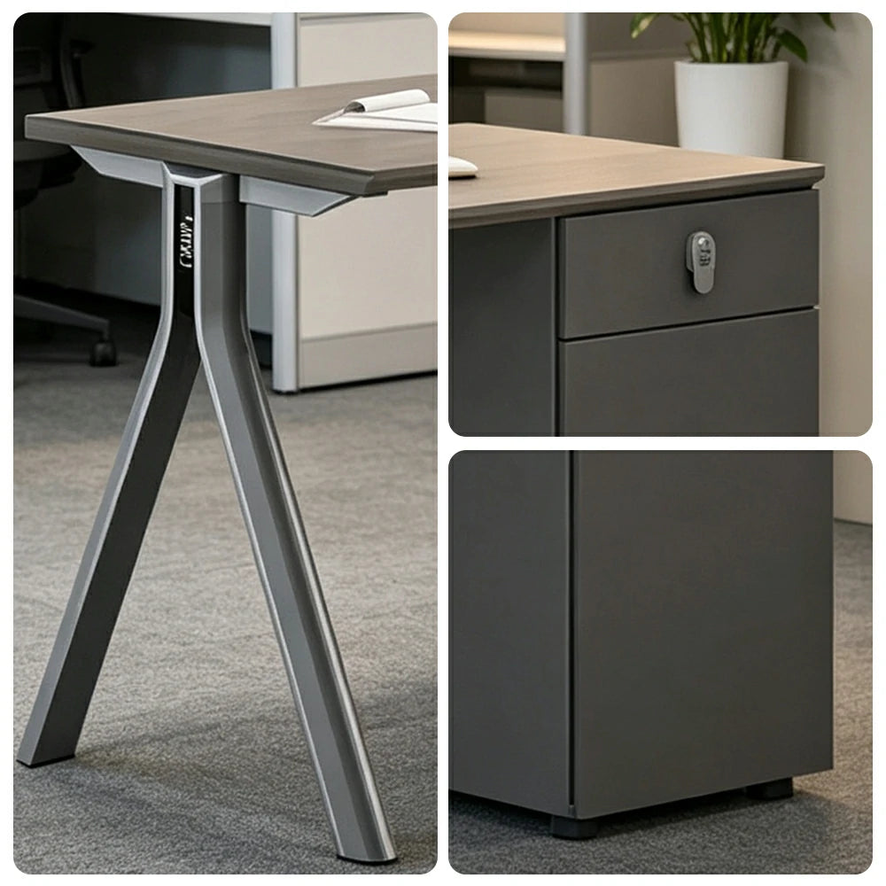LIVARA 120/140cm Single Person Office Desk with Lockable Cabinet, Desktop Power Access & Open CPU Space - Grey & Walnut