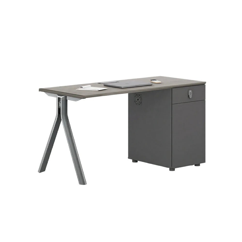 LIVARA 120/140cm Single Person Office Desk with Lockable Cabinet, Desktop Power Access & Open CPU Space - Grey & Walnut