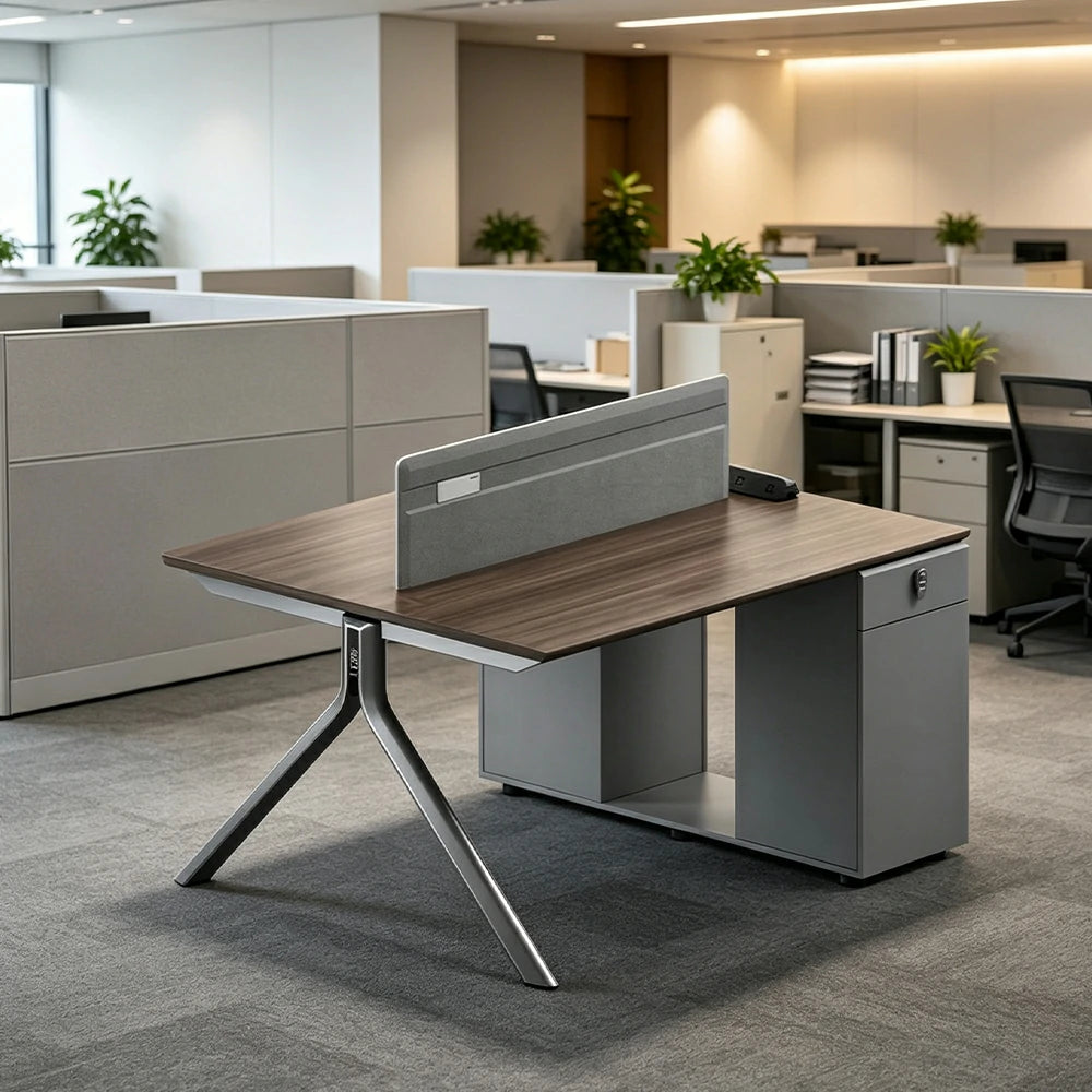 LIVARA 120/140cm 2 Person Office Workstation with E0 Grade Desktop, Privacy Screen, Power Access & Lockable Storage - Grey & Walnut