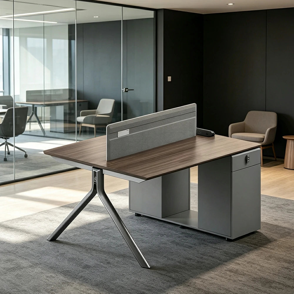 LIVARA 120/140cm 2 Person Office Workstation with E0 Grade Desktop, Privacy Screen, Power Access & Lockable Storage - Grey & Walnut