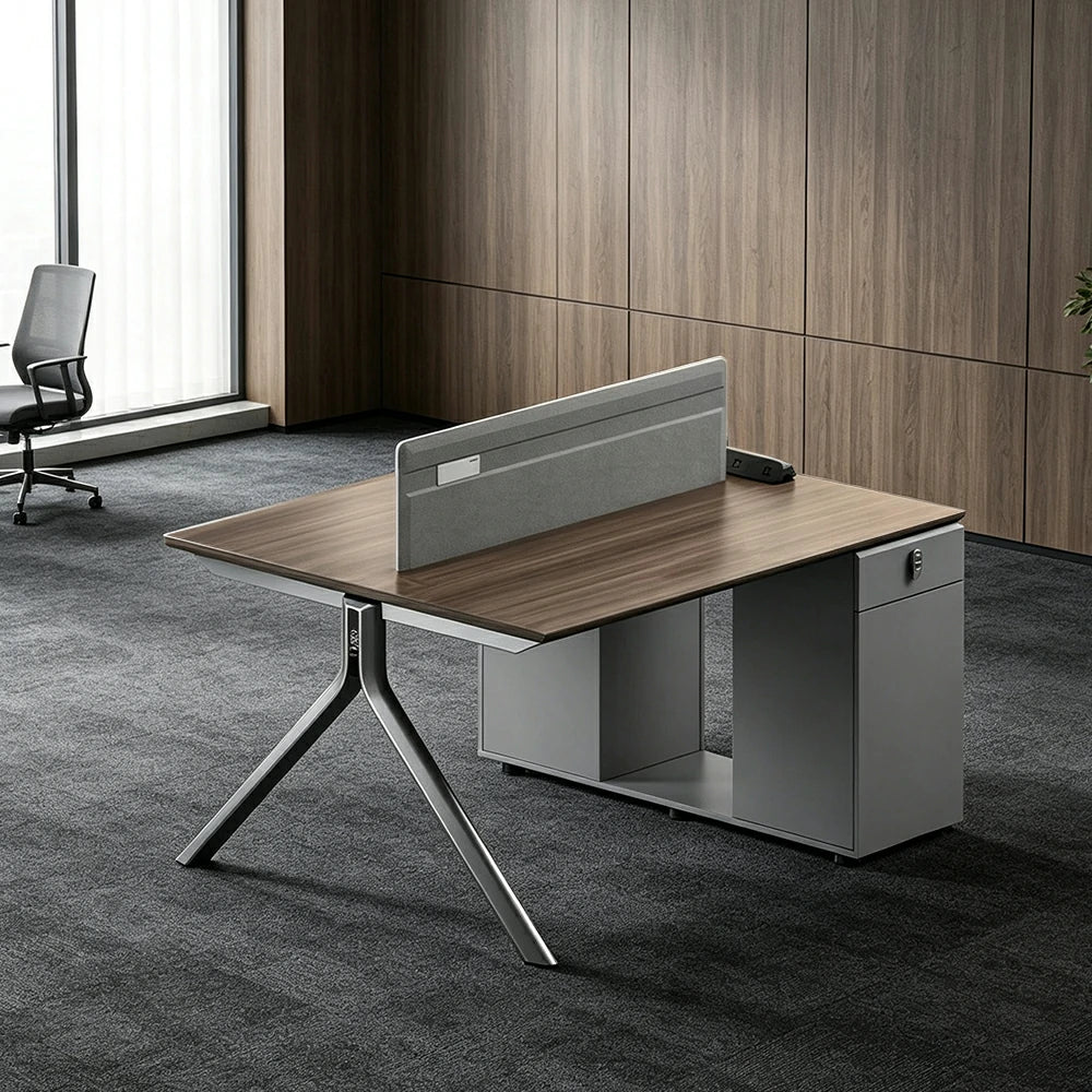 LIVARA 120/140cm 2 Person Office Workstation with E0 Grade Desktop, Privacy Screen, Power Access & Lockable Storage - Grey & Walnut
