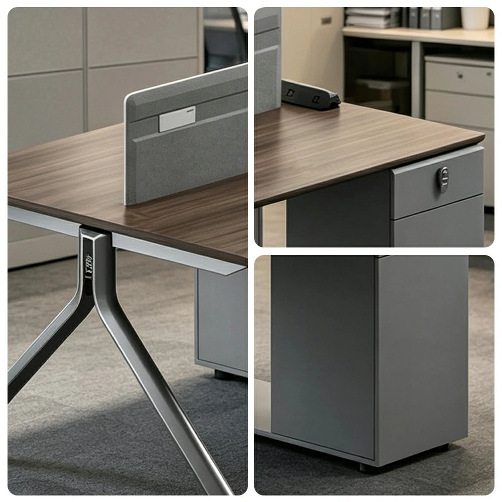 LIVARA 120/140cm 2 Person Office Workstation with E0 Grade Desktop, Privacy Screen, Power Access & Lockable Storage - Grey & Walnut