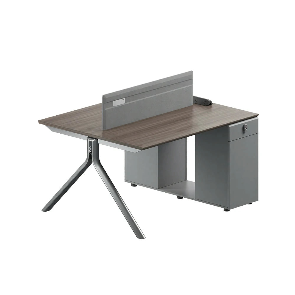 LIVARA 120/140cm 2 Person Office Workstation with E0 Grade Desktop, Privacy Screen, Power Access & Lockable Storage - Grey & Walnut