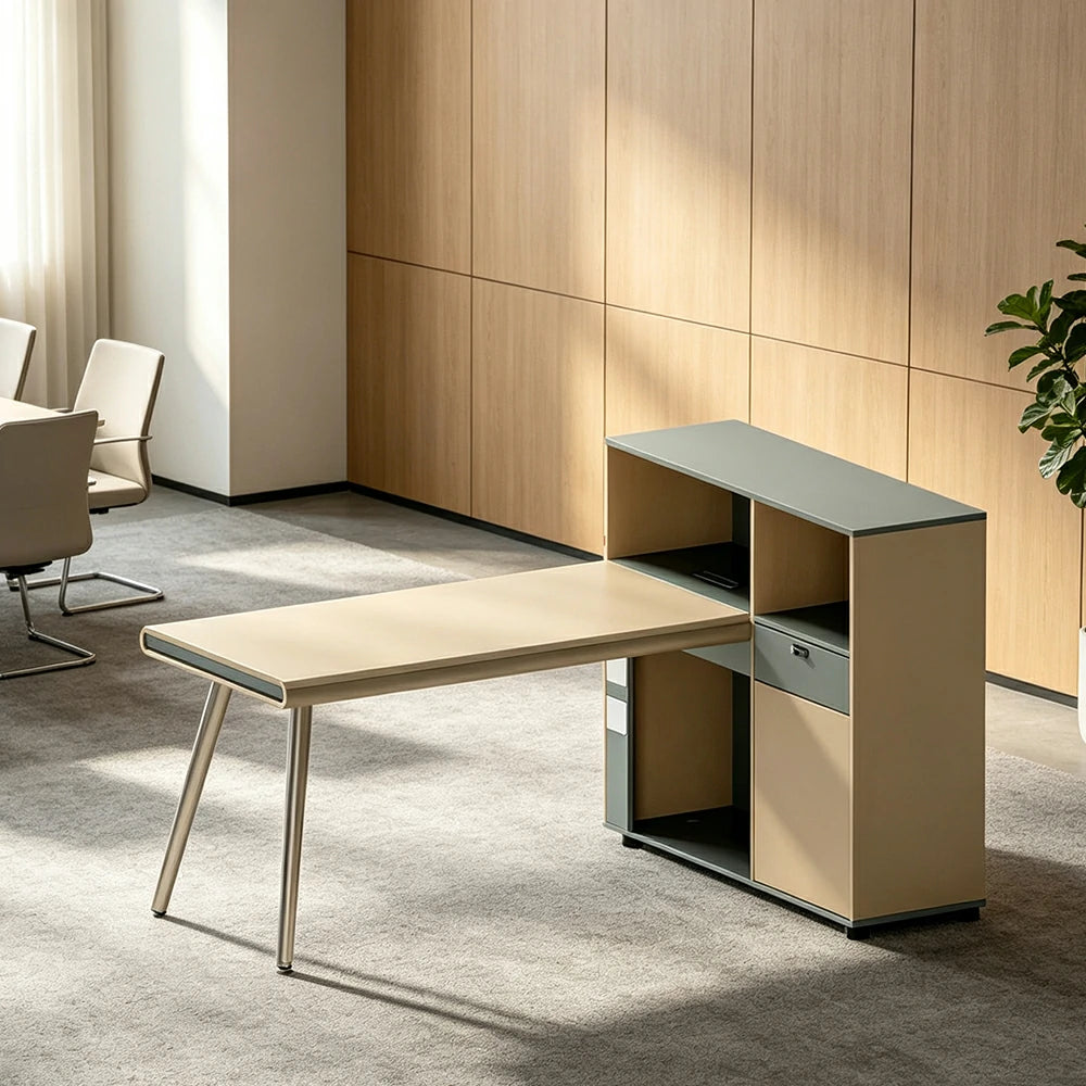 LIVARA 160cm Single Person Office Desk with Thick Desktop, Solid Wood Legs, Large Side Cabinet & Cable Management - Natural Wood & Green
