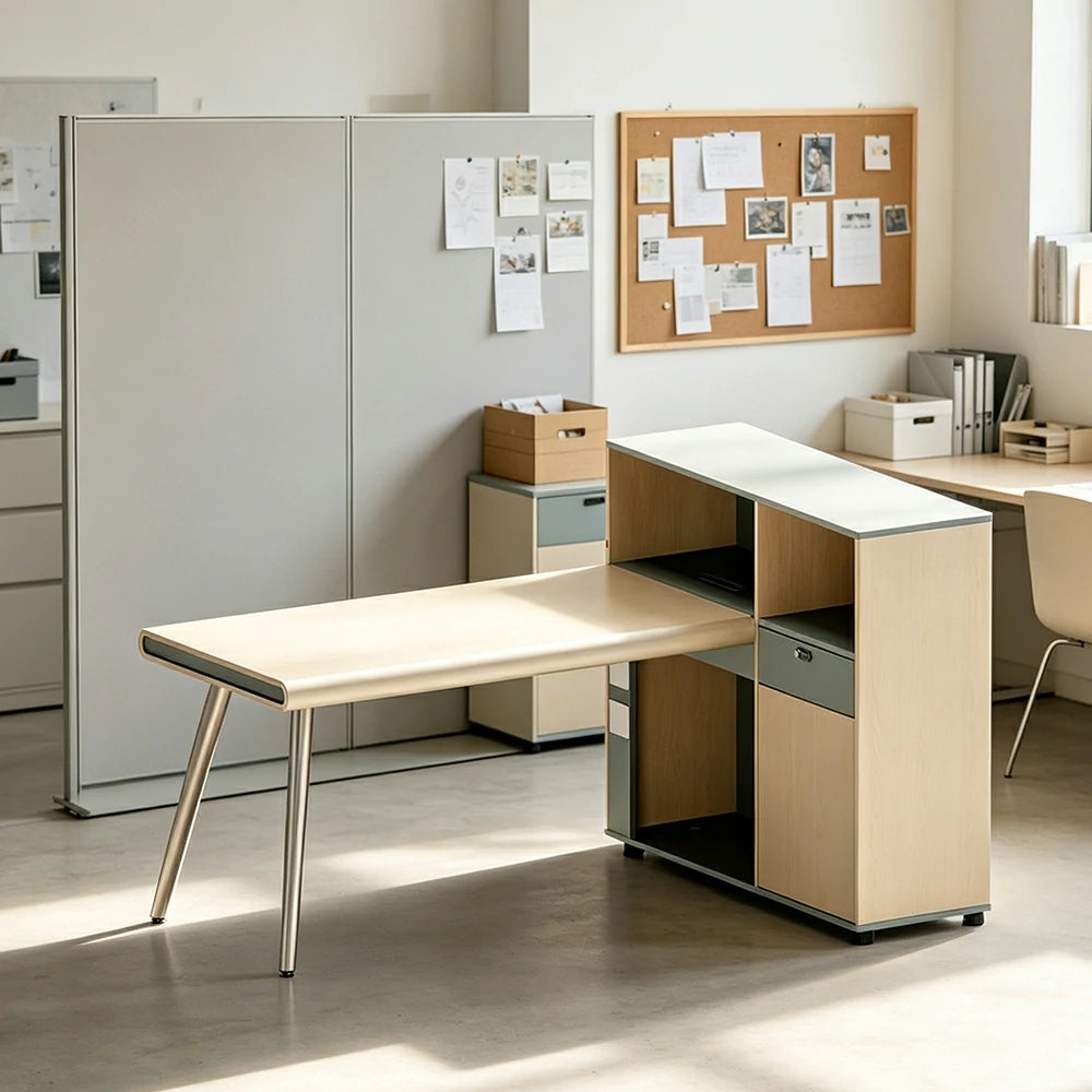 LIVARA 160cm Single Person Office Desk with Thick Desktop, Solid Wood Legs, Large Side Cabinet & Cable Management - Natural Wood & Green