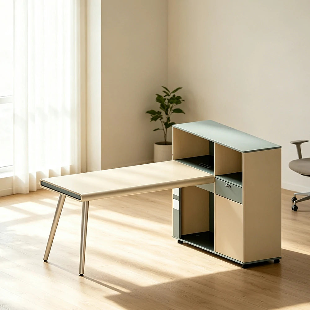 LIVARA 160cm Single Person Office Desk with Thick Desktop, Solid Wood Legs, Large Side Cabinet & Cable Management - Natural Wood & Green