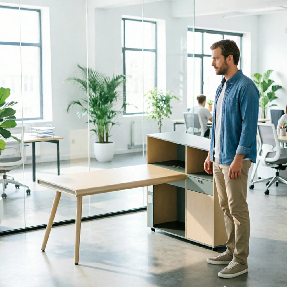 LIVARA 160cm Single Person Office Desk with Thick Desktop, Solid Wood Legs, Large Side Cabinet & Cable Management - Natural Wood & Green
