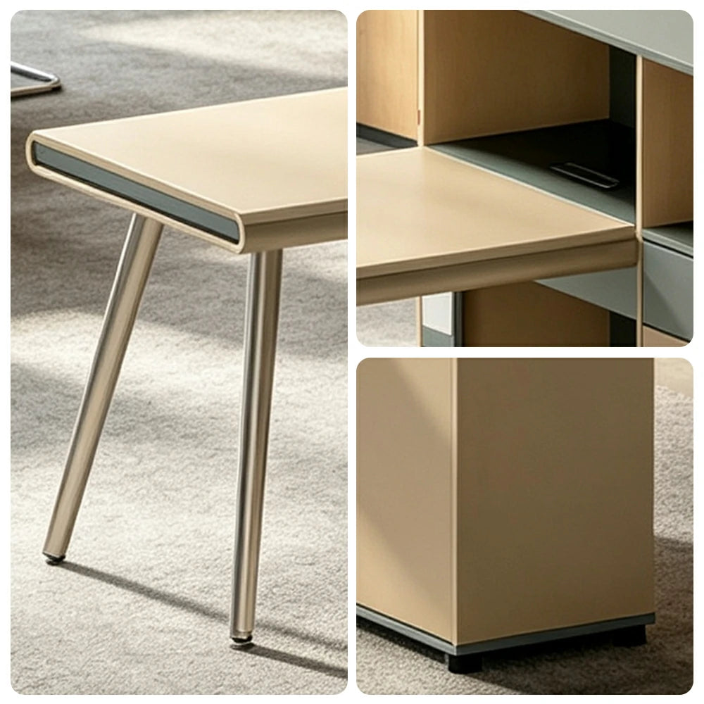 LIVARA 160cm Single Person Office Desk with Thick Desktop, Solid Wood Legs, Large Side Cabinet & Cable Management - Natural Wood & Green