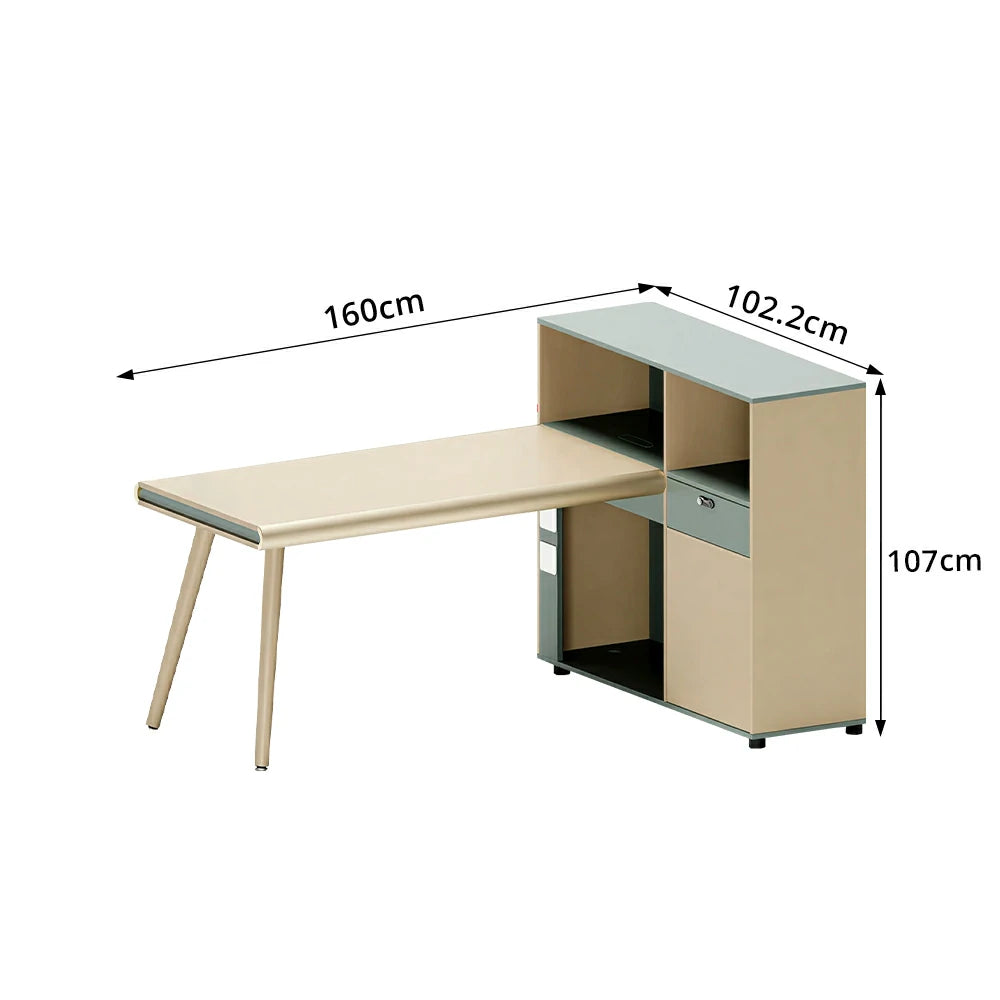 LIVARA 160cm Single Person Office Desk with Thick Desktop, Solid Wood Legs, Large Side Cabinet & Cable Management - Natural Wood & Green