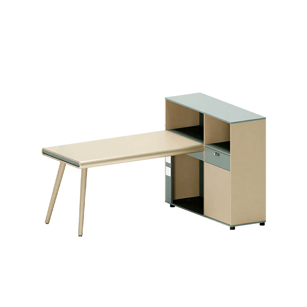 LIVARA 160cm Single Person Office Desk with Thick Desktop, Solid Wood Legs, Large Side Cabinet & Cable Management - Natural Wood & Green