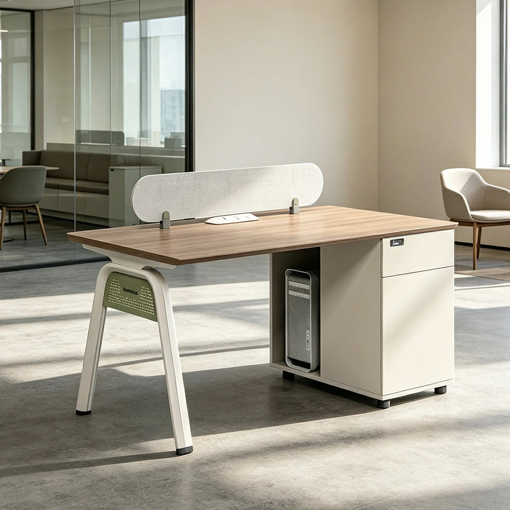 LIVARA 120/140cm Single Person Office Desk with Cube Cable Box, Privacy Screen, Side Cabinet & Carbon Steel Frame - Walnut & White