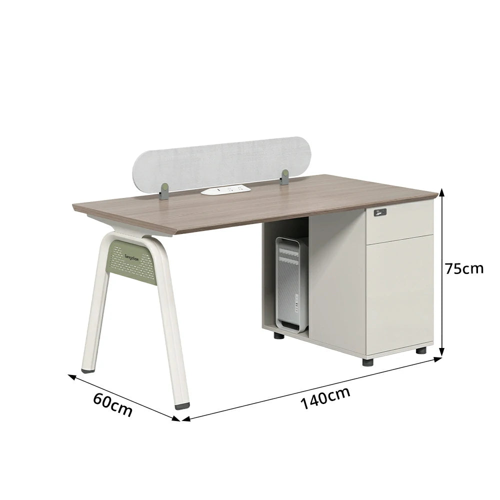 LIVARA 120/140cm Single Person Office Desk with Cube Cable Box, Privacy Screen, Side Cabinet & Carbon Steel Frame - Walnut & White