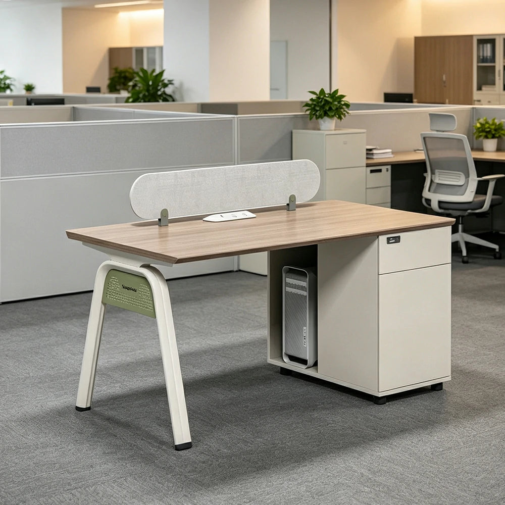 LIVARA 120/140cm Single Person Office Desk with Cube Cable Box, Privacy Screen, Side Cabinet & Carbon Steel Frame - Walnut & White