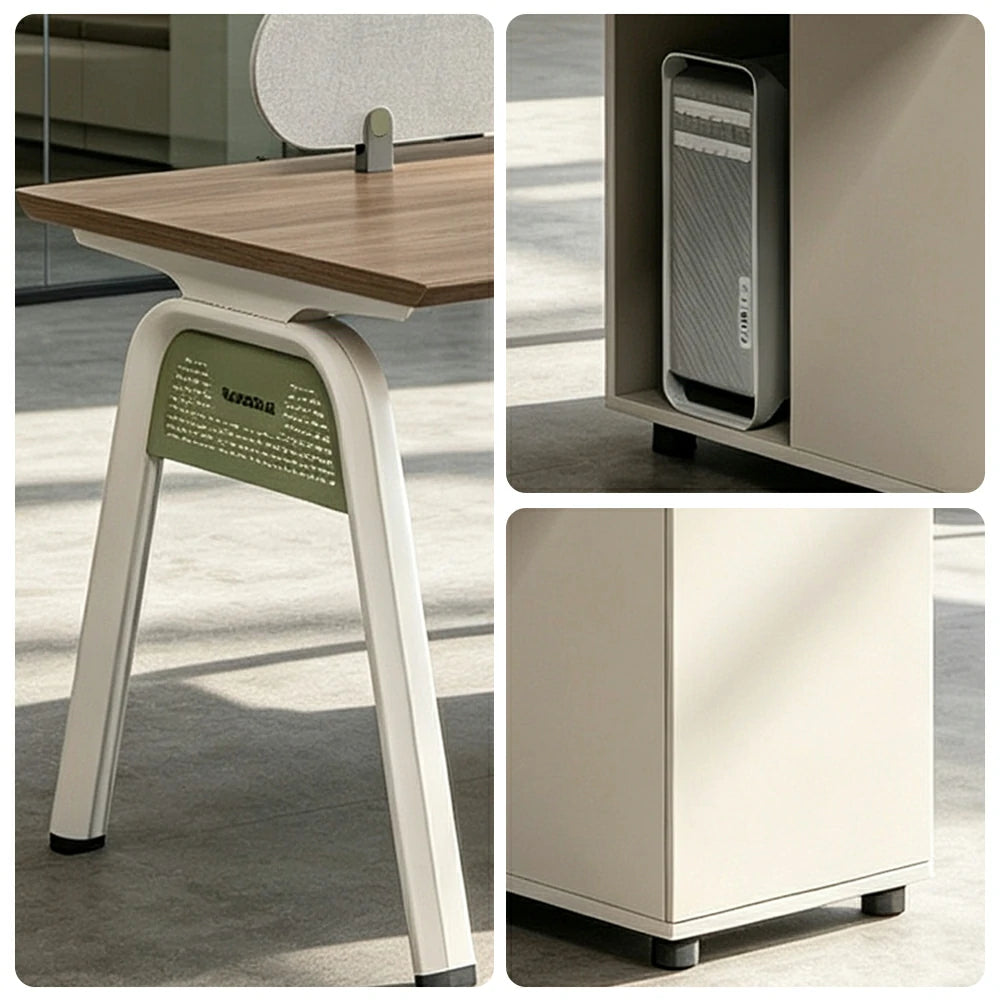 LIVARA 120/140cm Single Person Office Desk with Cube Cable Box, Privacy Screen, Side Cabinet & Carbon Steel Frame - Walnut & White