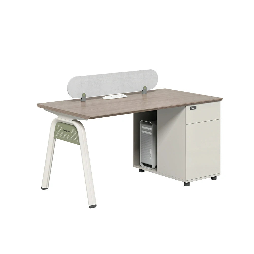LIVARA 120/140cm Single Person Office Desk with Cube Cable Box, Privacy Screen, Side Cabinet & Carbon Steel Frame - Walnut & White