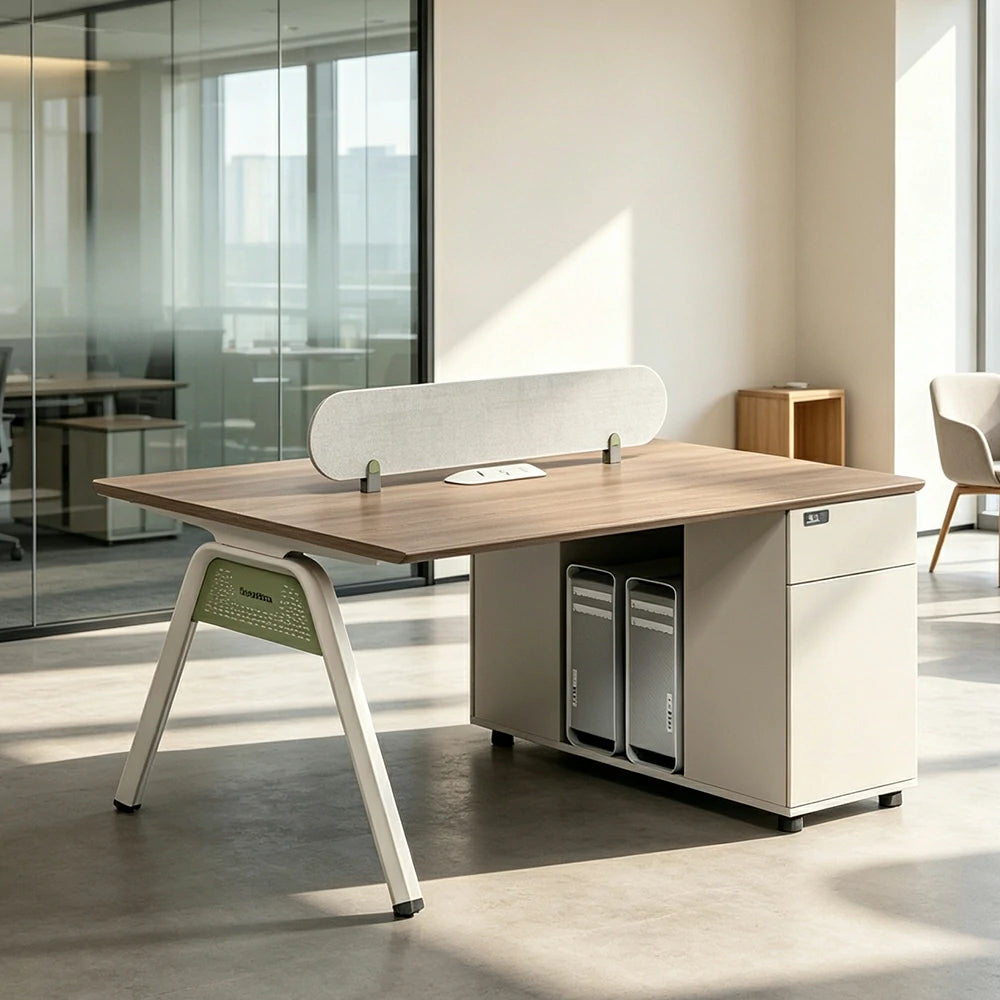 LIVARA 120/140cm 2 Person Office Workstation with Cube Cable Box, Privacy Screen, Side Cabinet & Carbon Steel Frame - Walnut & White