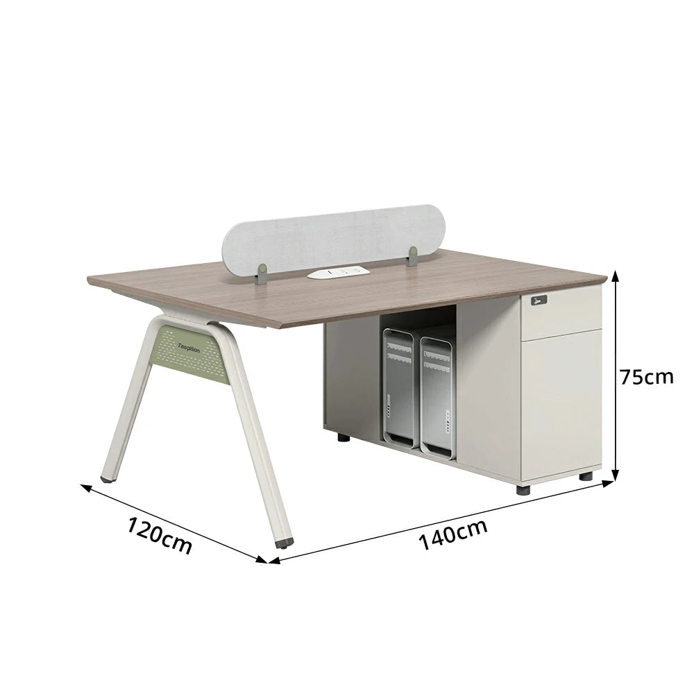 LIVARA 120/140cm 2 Person Office Workstation with Cube Cable Box, Privacy Screen, Side Cabinet & Carbon Steel Frame - Walnut & White