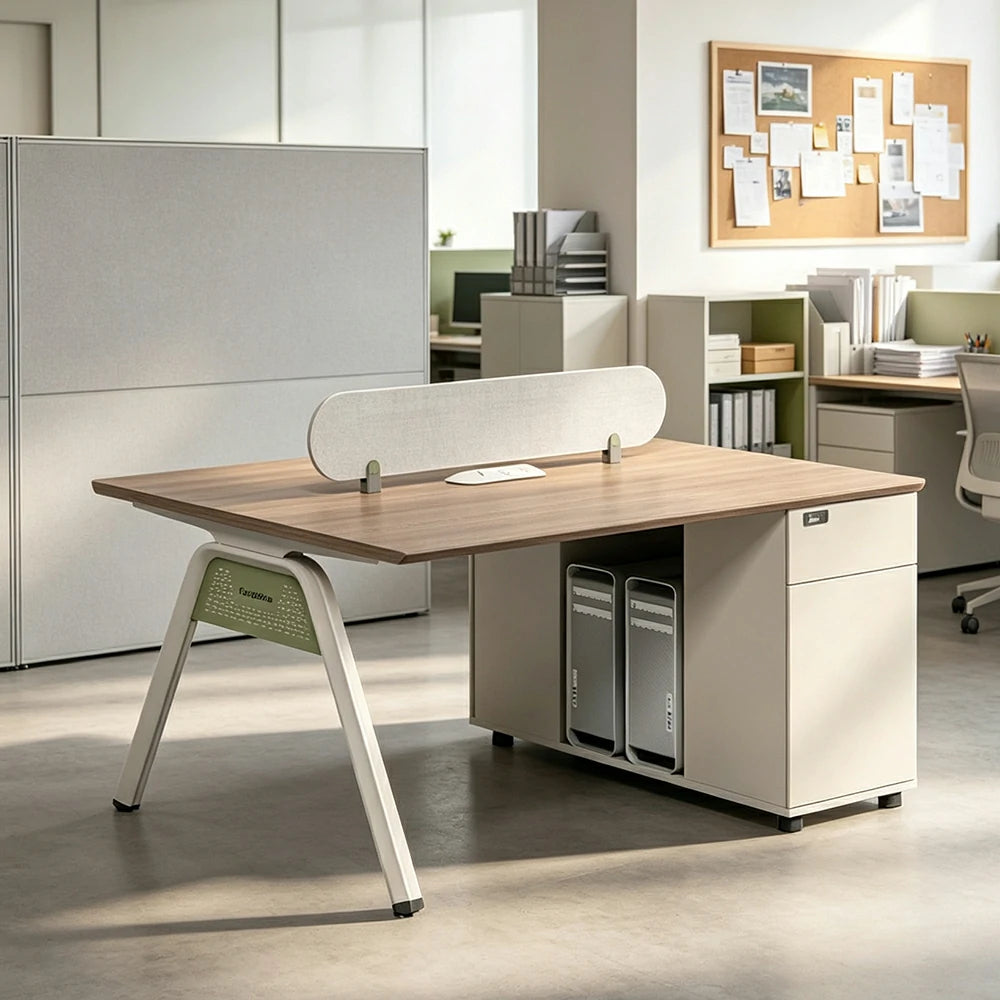 LIVARA 120/140cm 2 Person Office Workstation with Cube Cable Box, Privacy Screen, Side Cabinet & Carbon Steel Frame - Walnut & White