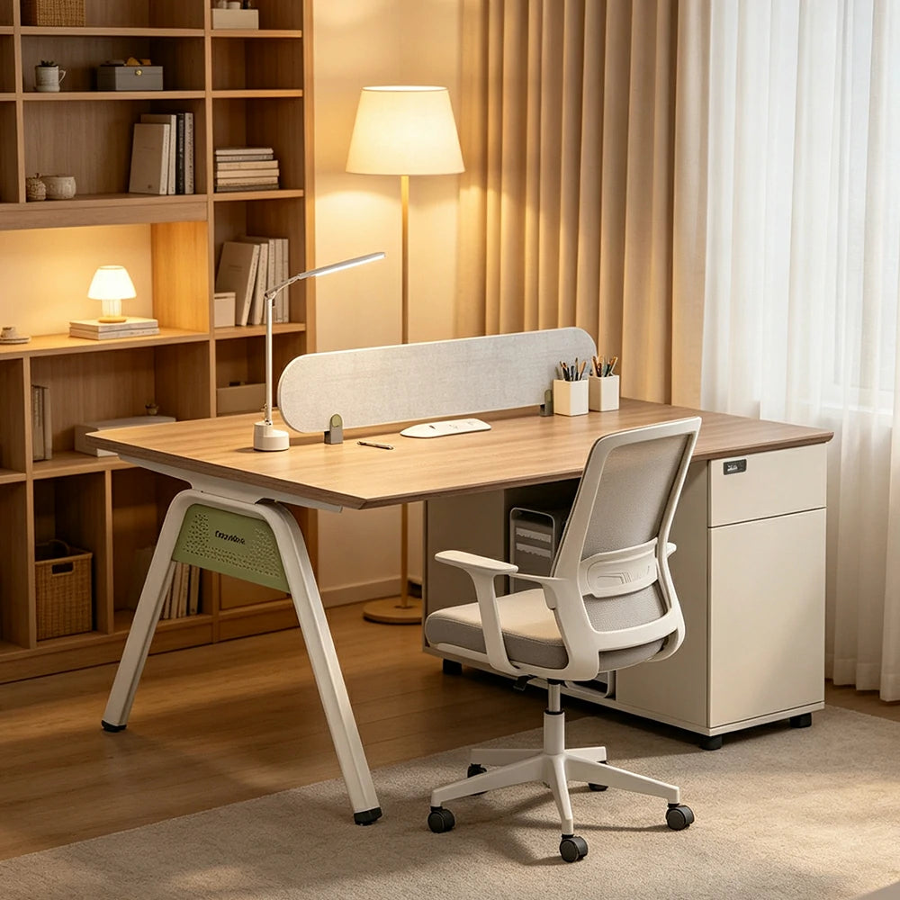 LIVARA 120/140cm 2 Person Office Workstation with Cube Cable Box, Privacy Screen, Side Cabinet & Carbon Steel Frame - Walnut & White