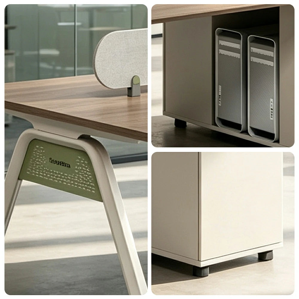 LIVARA 120/140cm 2 Person Office Workstation with Cube Cable Box, Privacy Screen, Side Cabinet & Carbon Steel Frame - Walnut & White