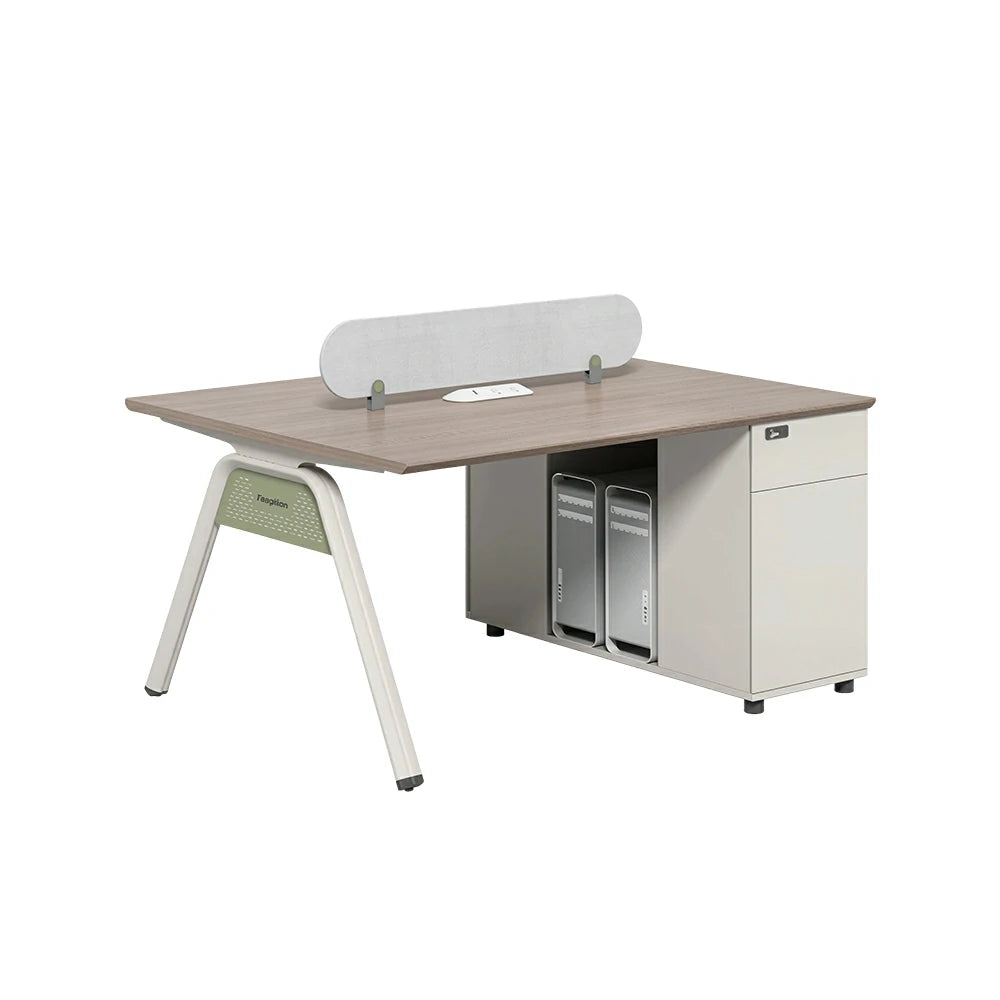 LIVARA 120/140cm 2 Person Office Workstation with Cube Cable Box, Privacy Screen, Side Cabinet & Carbon Steel Frame - Walnut & White