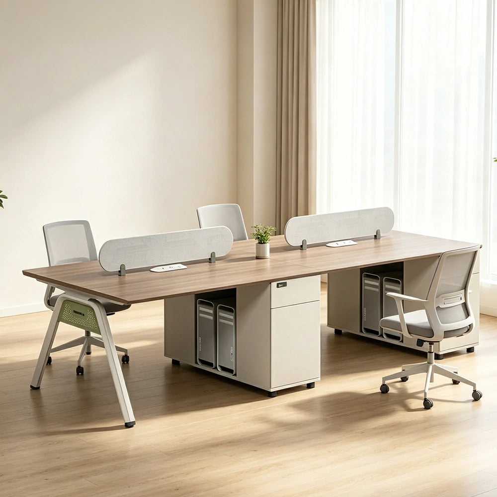 LIVARA 240/280cm Extended 4 Person Office Workstation with Cube Cable Boxes, Privacy Screens, Side Cabinets & Carbon Steel Frame - Walnut & White