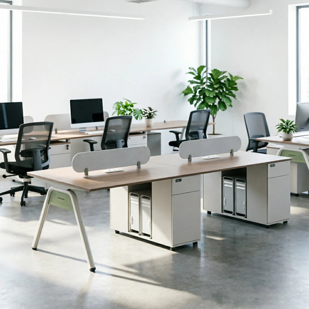 LIVARA 240/280cm Extended 4 Person Office Workstation with Cube Cable Boxes, Privacy Screens, Side Cabinets & Carbon Steel Frame - Walnut & White