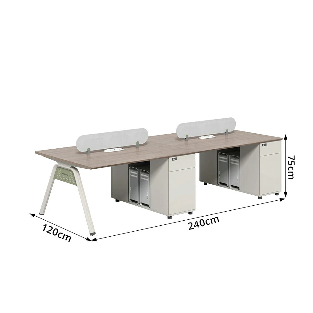 LIVARA 240/280cm Extended 4 Person Office Workstation with Cube Cable Boxes, Privacy Screens, Side Cabinets & Carbon Steel Frame - Walnut & White