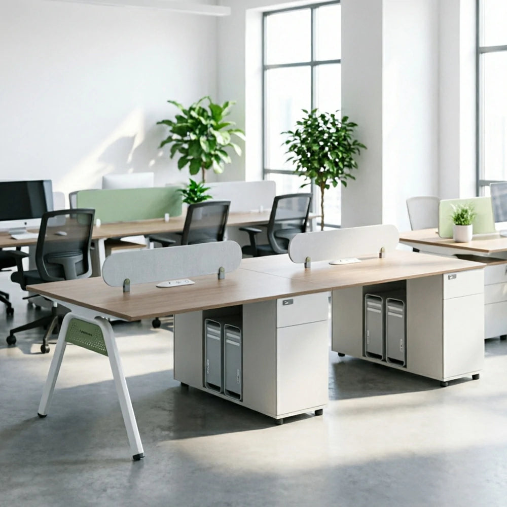 LIVARA 240/280cm Extended 4 Person Office Workstation with Cube Cable Boxes, Privacy Screens, Side Cabinets & Carbon Steel Frame - Walnut & White
