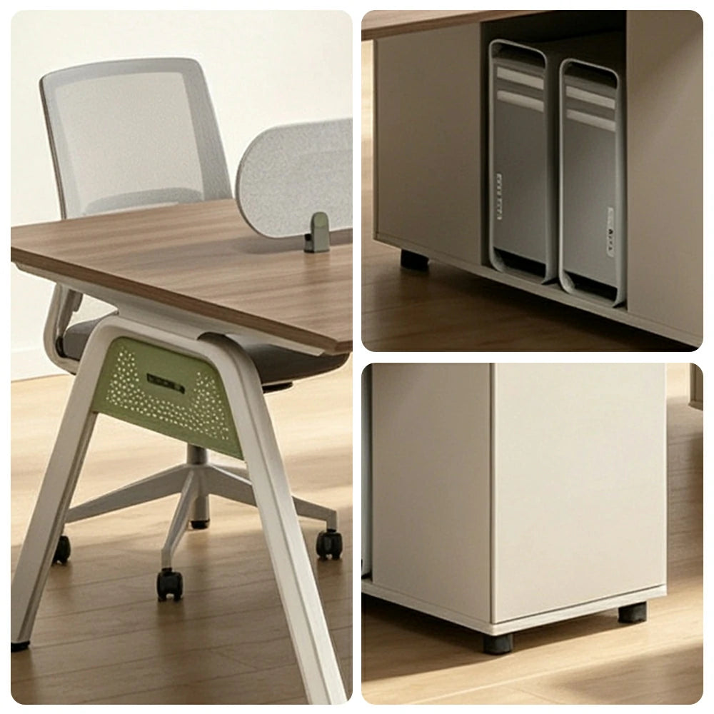 LIVARA 240/280cm Extended 4 Person Office Workstation with Cube Cable Boxes, Privacy Screens, Side Cabinets & Carbon Steel Frame - Walnut & White