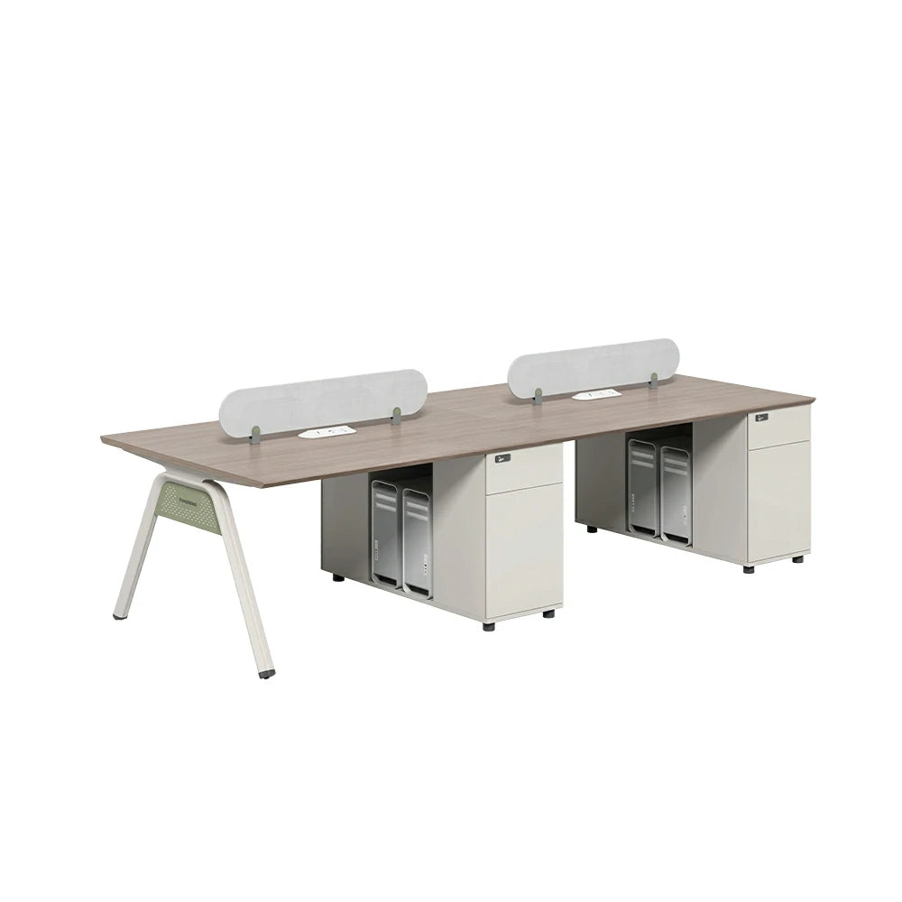 LIVARA 240/280cm Extended 4 Person Office Workstation with Cube Cable Boxes, Privacy Screens, Side Cabinets & Carbon Steel Frame - Walnut & White