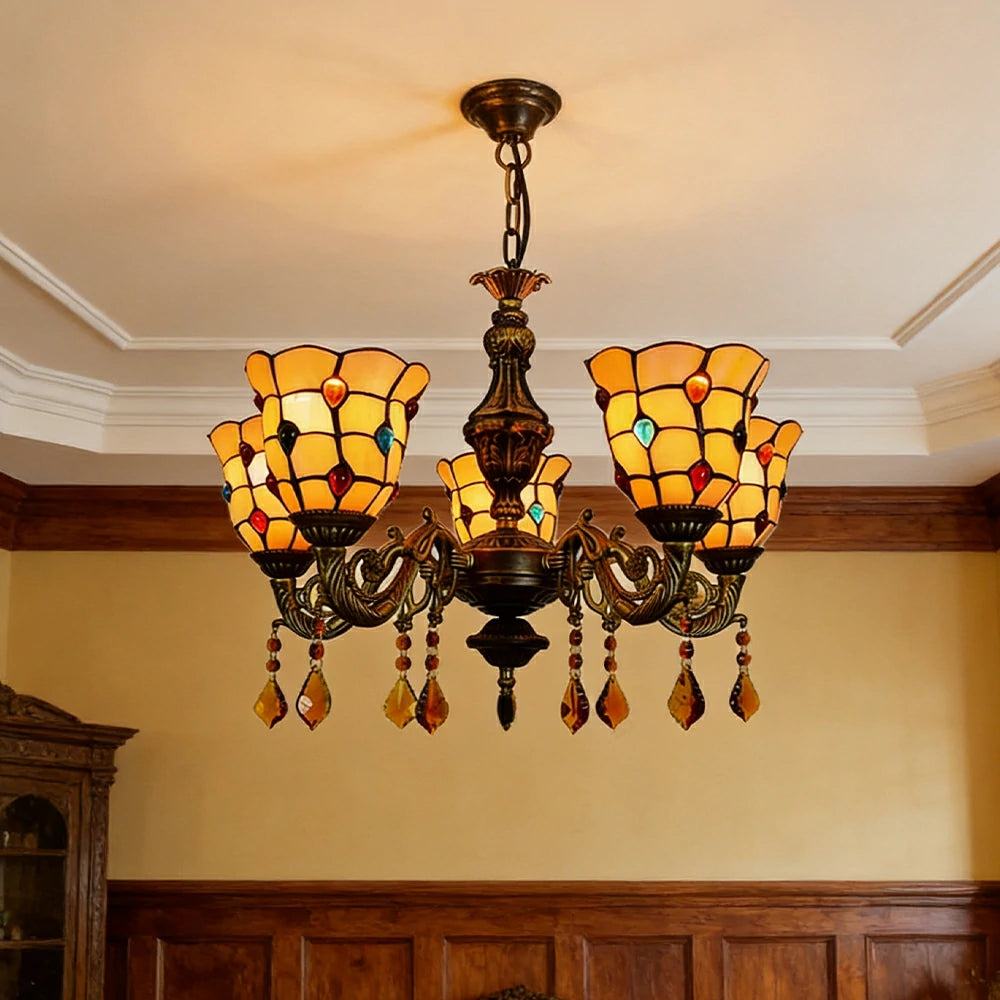 LIVARA 5-Light Stained Glass Chandelier Vintage Pendant Light Adjustable Chain 60x80cm Pattern Design for Dining Living Room