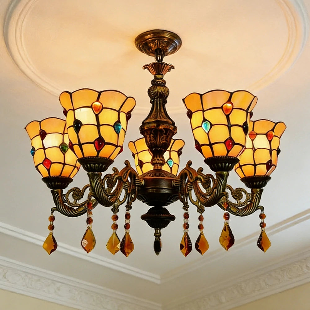 LIVARA 5-Light Stained Glass Chandelier Vintage Pendant Light Adjustable Chain 60x80cm Pattern Design for Dining Living Room