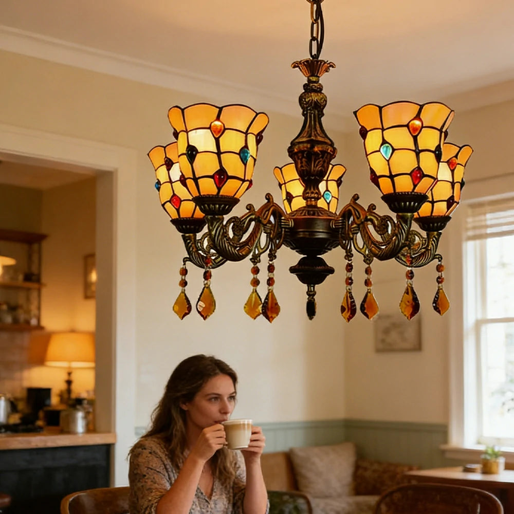 LIVARA 5-Light Stained Glass Chandelier Vintage Pendant Light Adjustable Chain 60x80cm Pattern Design for Dining Living Room