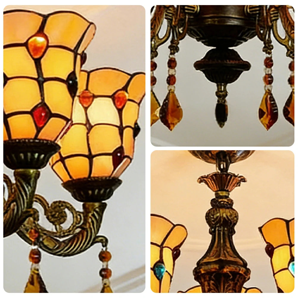 LIVARA 5-Light Stained Glass Chandelier Vintage Pendant Light Adjustable Chain 60x80cm Pattern Design for Dining Living Room