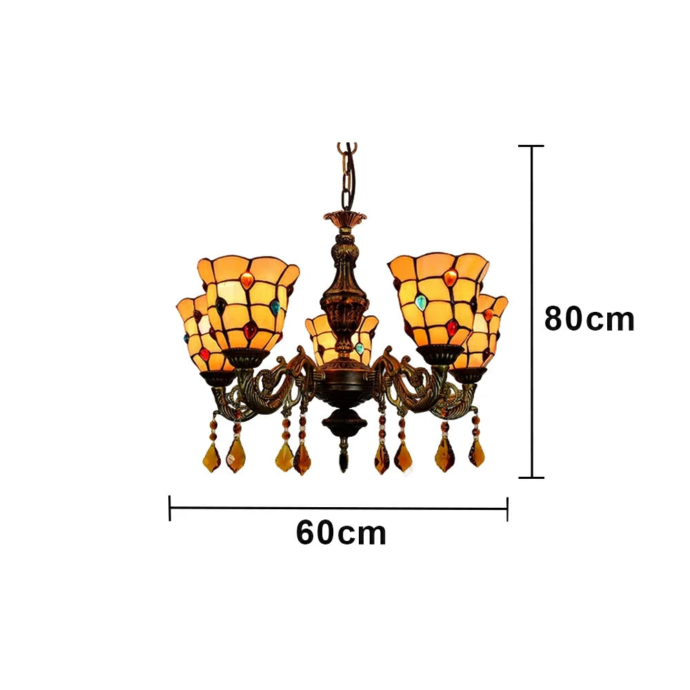 LIVARA 5-Light Stained Glass Chandelier Vintage Pendant Light Adjustable Chain 60x80cm Pattern Design for Dining Living Room