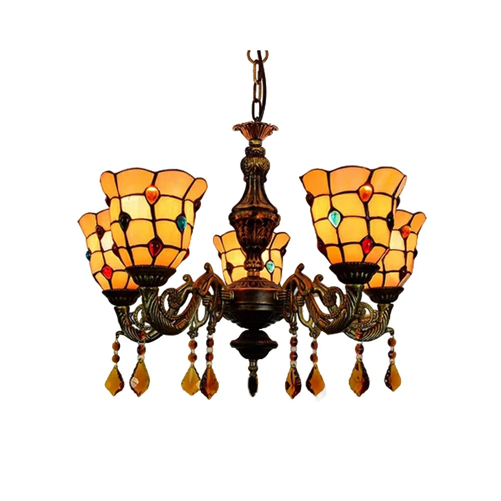 LIVARA 5-Light Stained Glass Chandelier Vintage Pendant Light Adjustable Chain 60x80cm Pattern Design for Dining Living Room