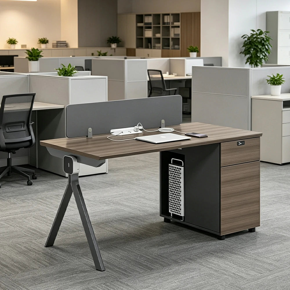 LIVARA 120/140cm Single Person Office Desk with E0 Grade Desktop, Privacy Screen, Dual-Sided Power & Lockable Cabinet - Walnut & Grey