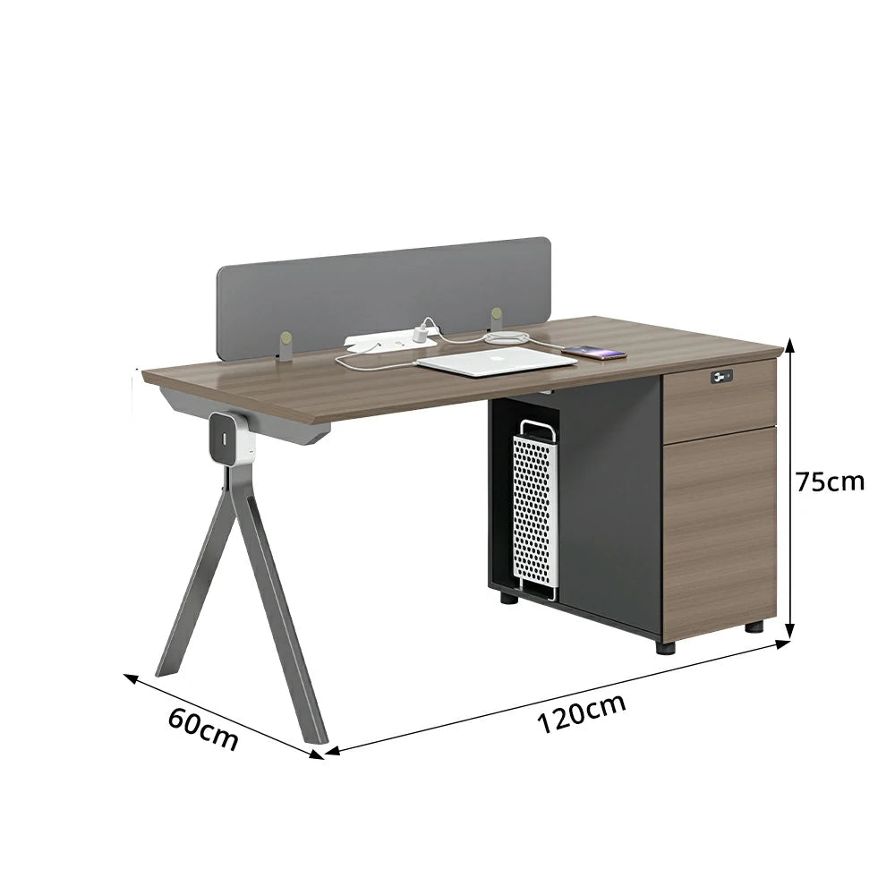 LIVARA 120/140cm Single Person Office Desk with E0 Grade Desktop, Privacy Screen, Dual-Sided Power & Lockable Cabinet - Walnut & Grey