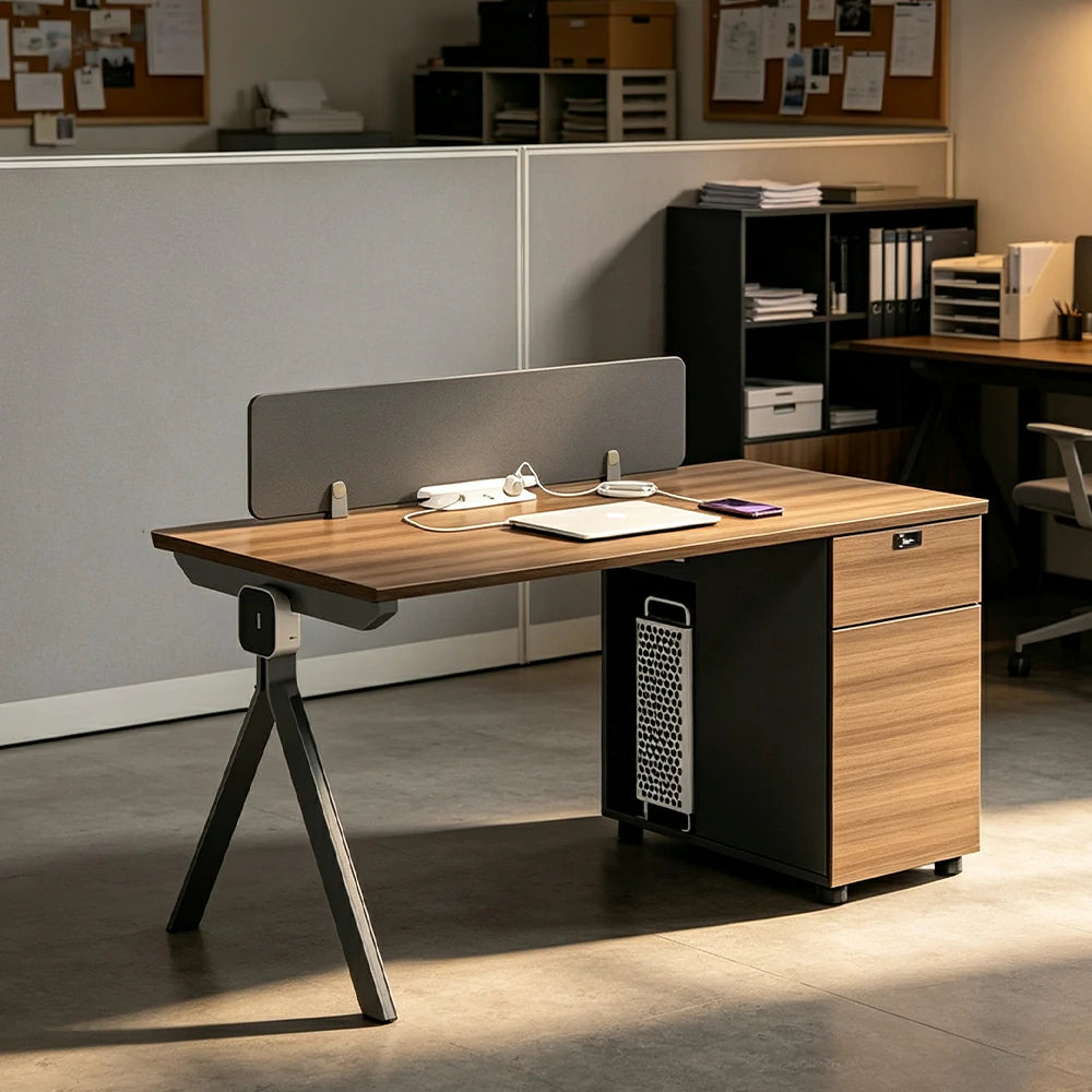 LIVARA 120/140cm Single Person Office Desk with E0 Grade Desktop, Privacy Screen, Dual-Sided Power & Lockable Cabinet - Walnut & Grey