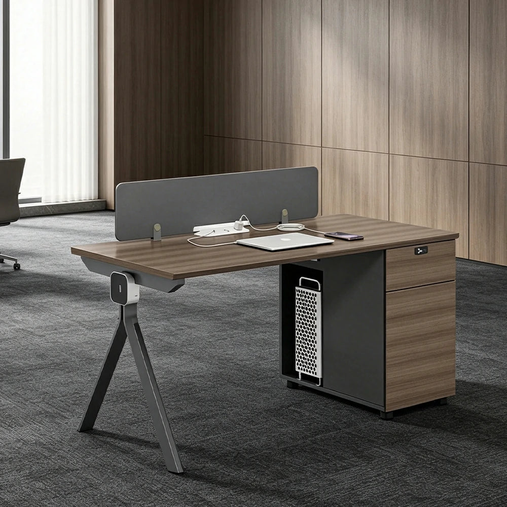 LIVARA 120/140cm Single Person Office Desk with E0 Grade Desktop, Privacy Screen, Dual-Sided Power & Lockable Cabinet - Walnut & Grey