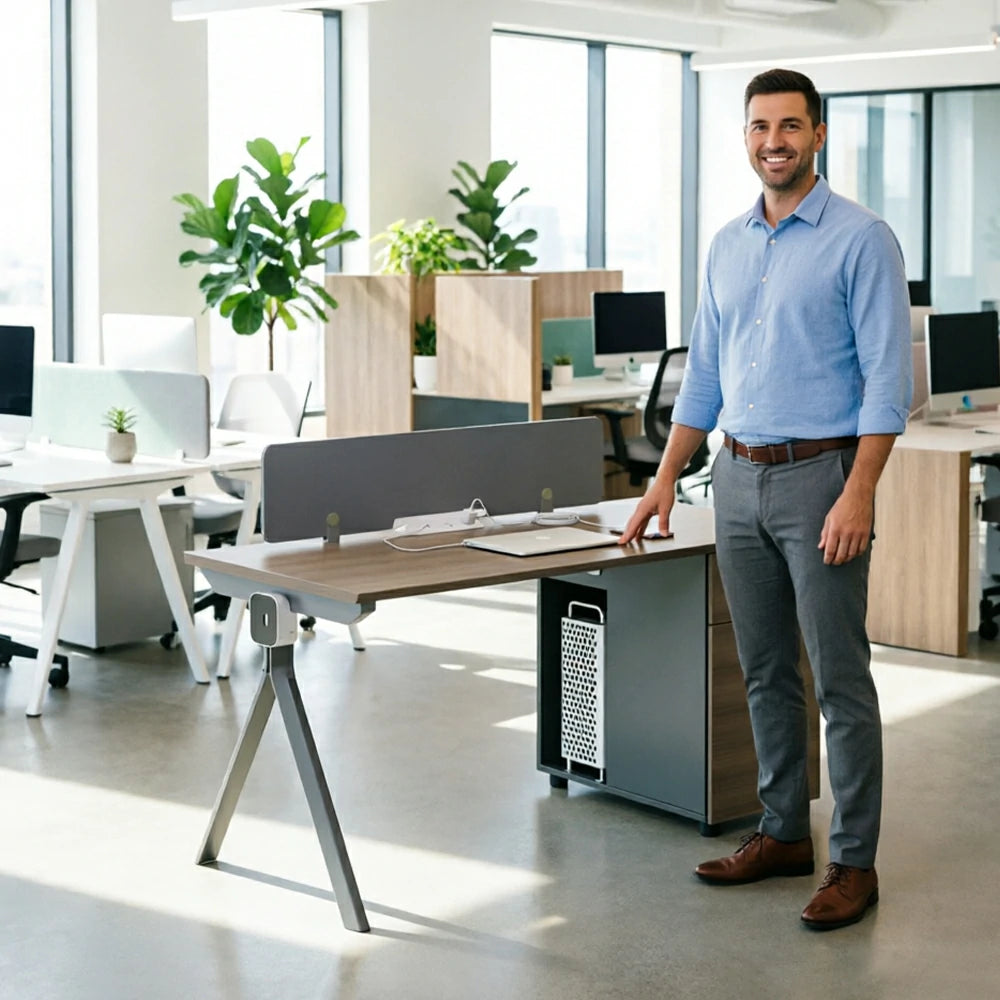 LIVARA 120/140cm Single Person Office Desk with E0 Grade Desktop, Privacy Screen, Dual-Sided Power & Lockable Cabinet - Walnut & Grey