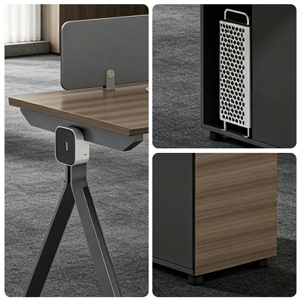 LIVARA 120/140cm Single Person Office Desk with E0 Grade Desktop, Privacy Screen, Dual-Sided Power & Lockable Cabinet - Walnut & Grey