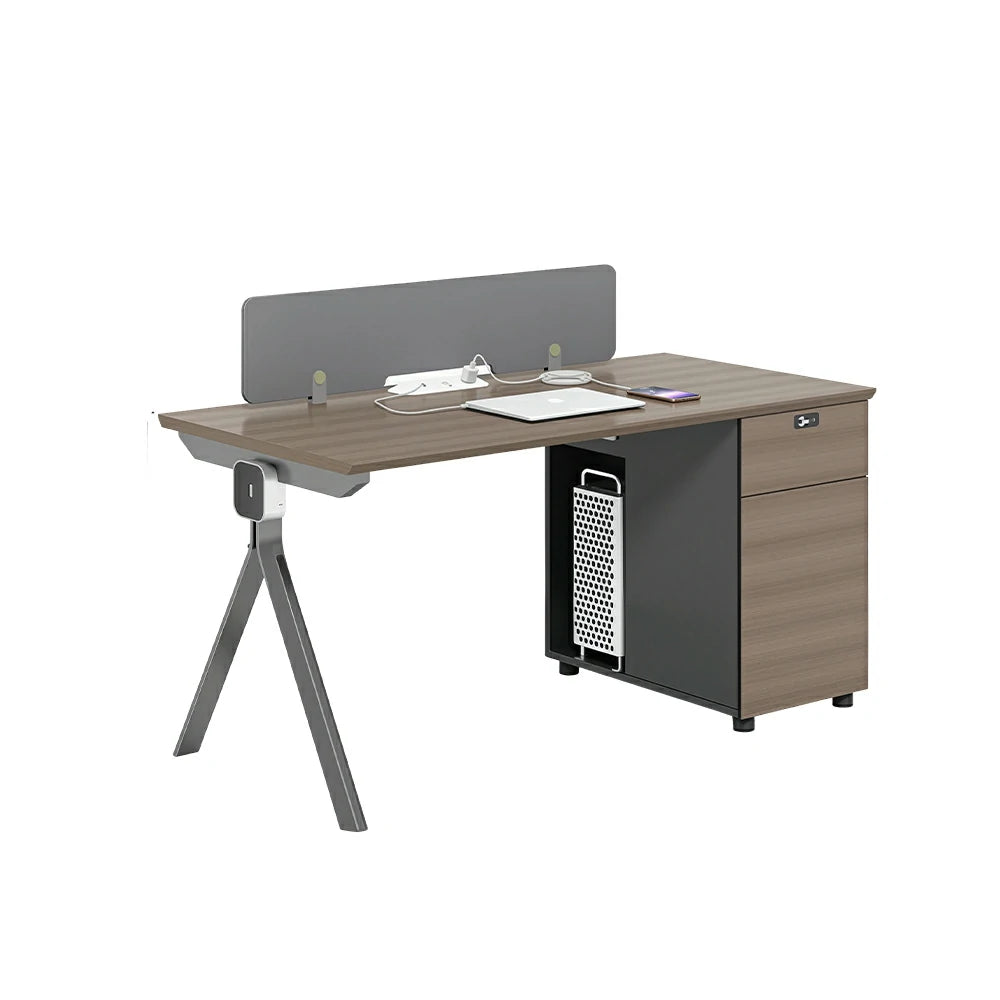 LIVARA 120/140cm Single Person Office Desk with E0 Grade Desktop, Privacy Screen, Dual-Sided Power & Lockable Cabinet - Walnut & Grey
