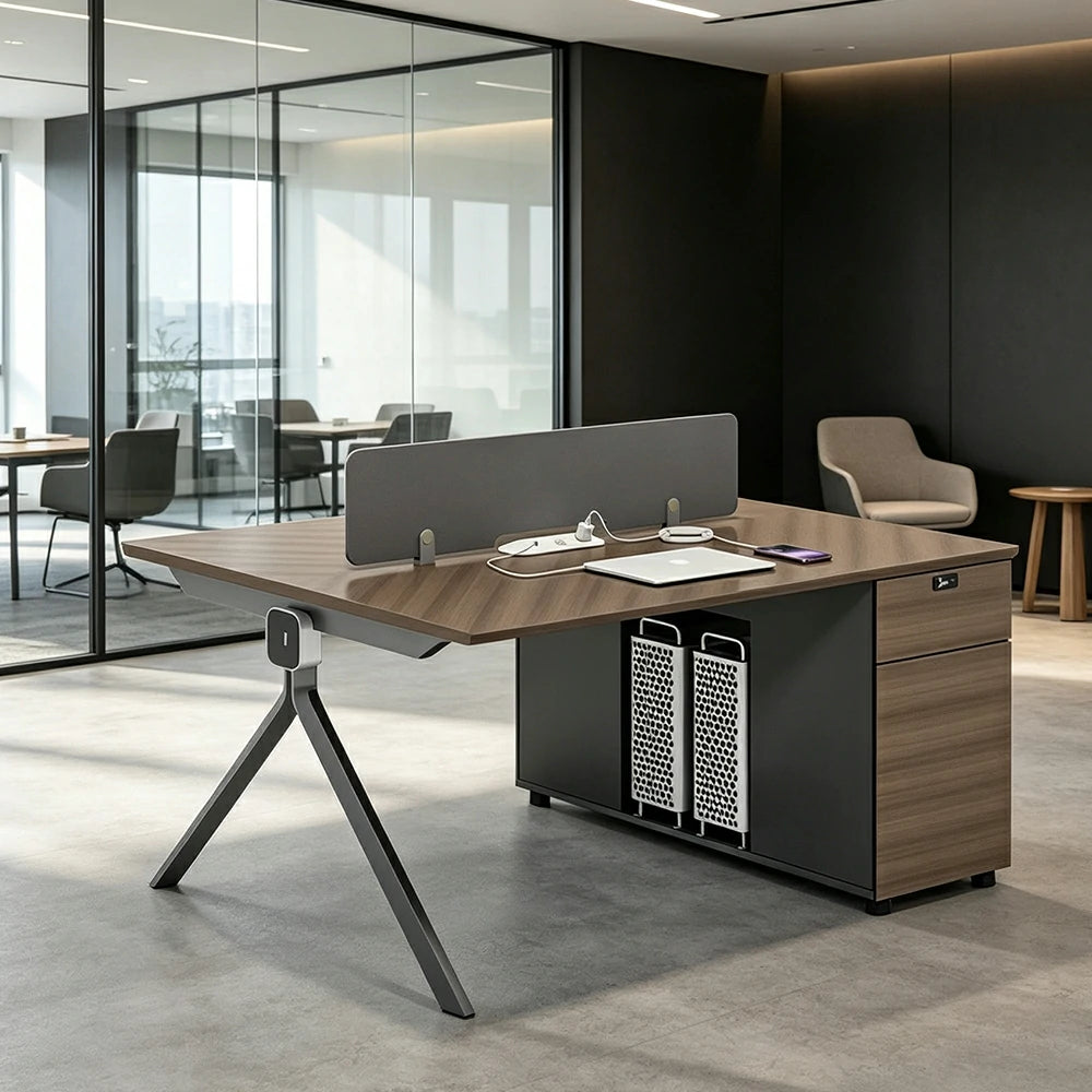 LIVARA 120/140cm 2 Person Office Workstation with E0 Grade Desktop, Privacy Screen, Dual-Sided Power & Lockable Storage - Walnut & Grey